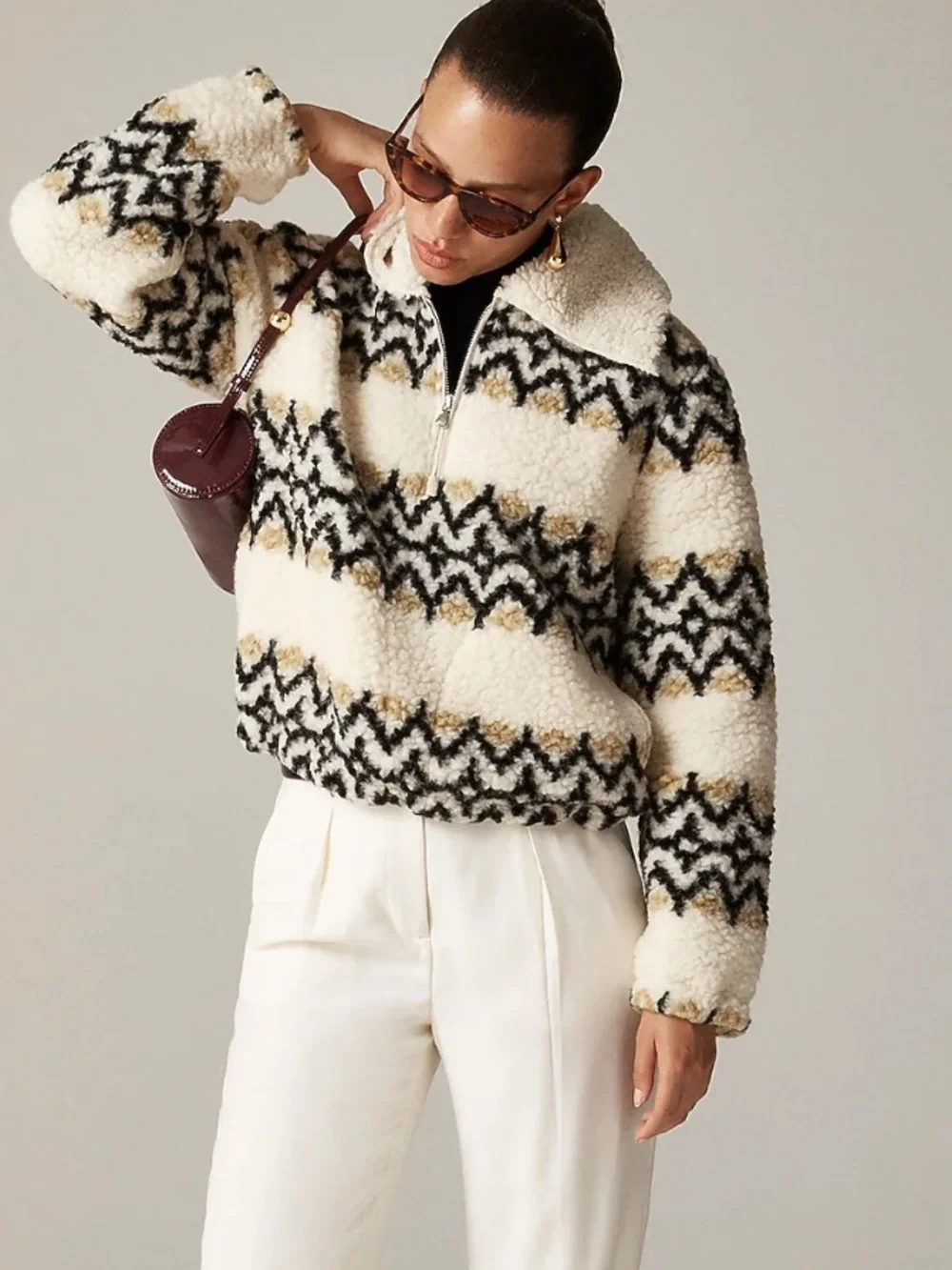 J. Crew Jacquard Print Sherpa Half Zip Fleece Pullover Women’s S Ivory